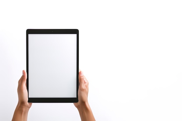 Main tenant la tablette avec écran blanc maquette isolé sur fond blanc avec espace de copie