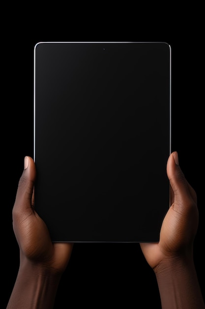 Main tenant la tablette avec écran blanc maquette isolé sur fond noir