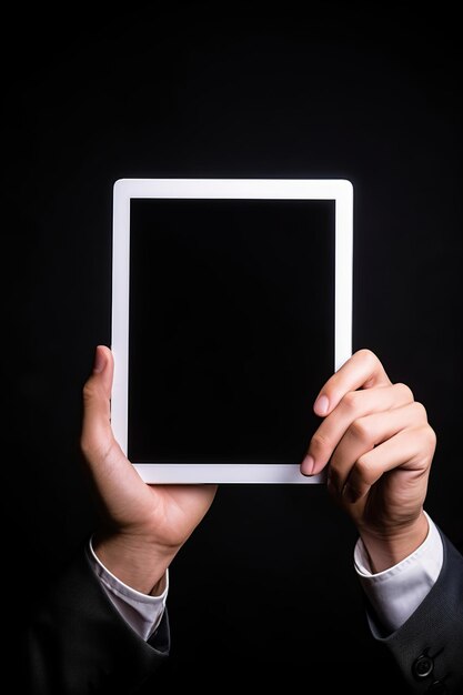 Photo une main tenant une tablette avec un écran noir simulé