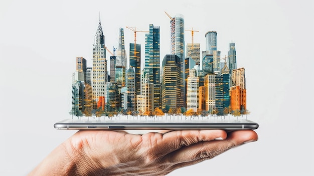 Photo une main tenant une tablette avec un paysage urbain dessus