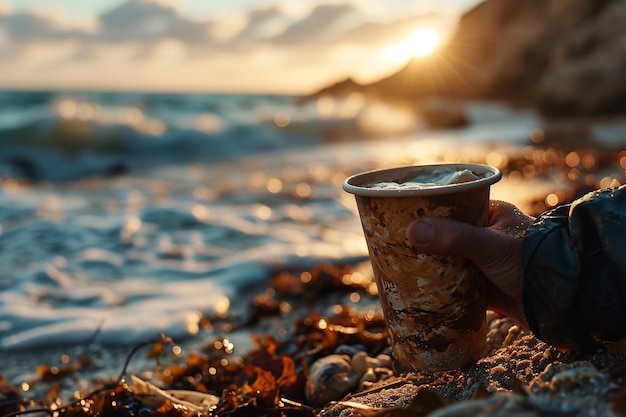 une main tenant une tasse de café sur la plage avec le soleil qui se couche derrière elle