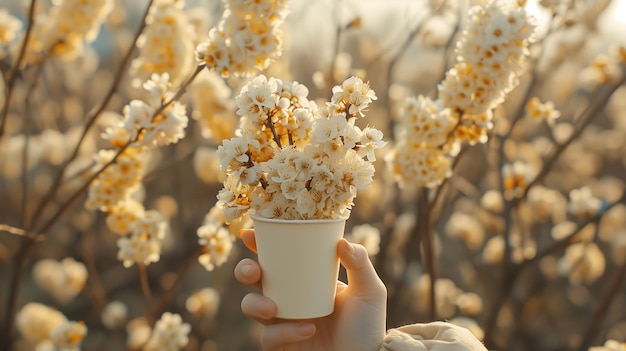 La main tenant une tasse de café pleine de fleurs