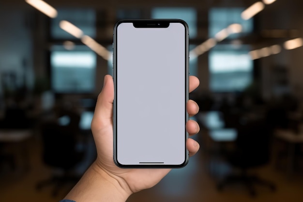 Une main tenant un téléphone avec un écran vide.