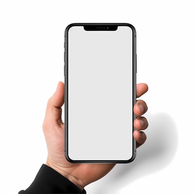 Une main tenant un téléphone avec un écran vide.