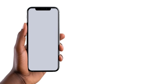Une main tenant un téléphone avec un écran vide.