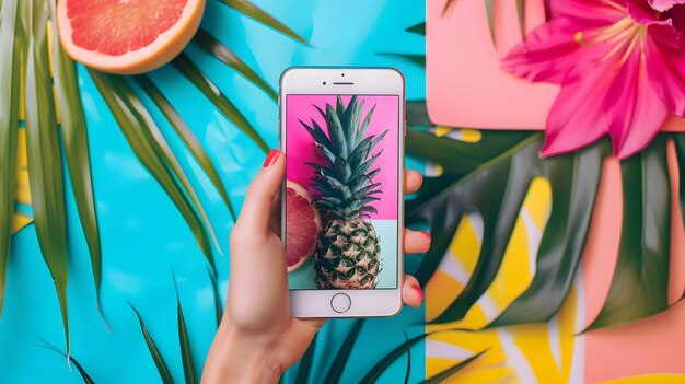 Une main tenant un téléphone avec une image d'ananas sur l'écran