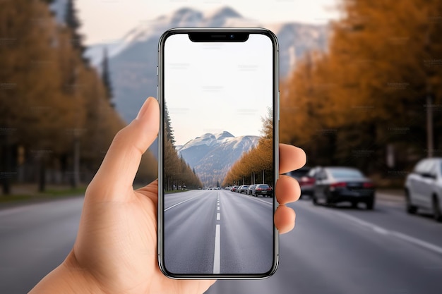 Une main tenant un téléphone avec une photo de montagnes à l'écran.