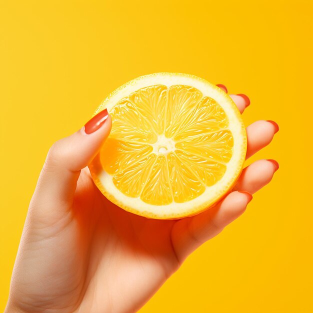 Photo une main tenant une tranche d'orange fraîche isolée sur un fond jaune