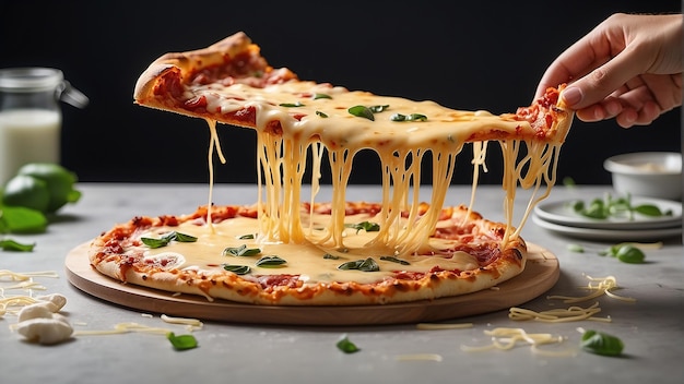 Une main tenant une tranche de pizza avec du fromage fondu