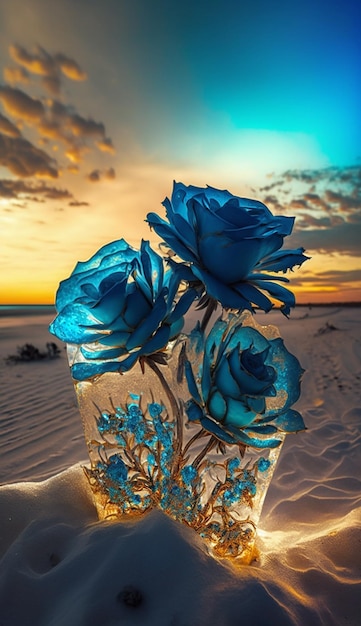 Une main tenant un vase de roses bleues avec le soleil se couchant derrière.