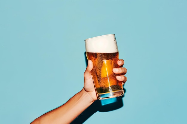 Une main tenant un verre de bière avec un fond bleu.