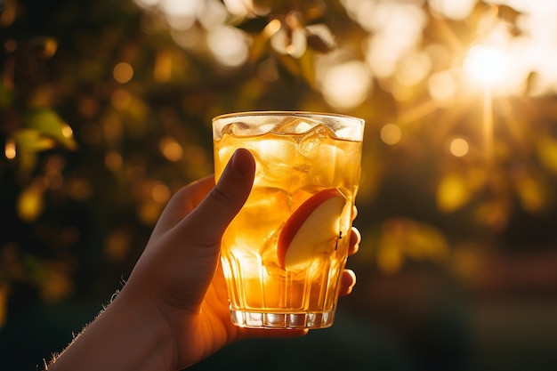 Une main tenant un verre de jus de pomme contre la lumière du soleil