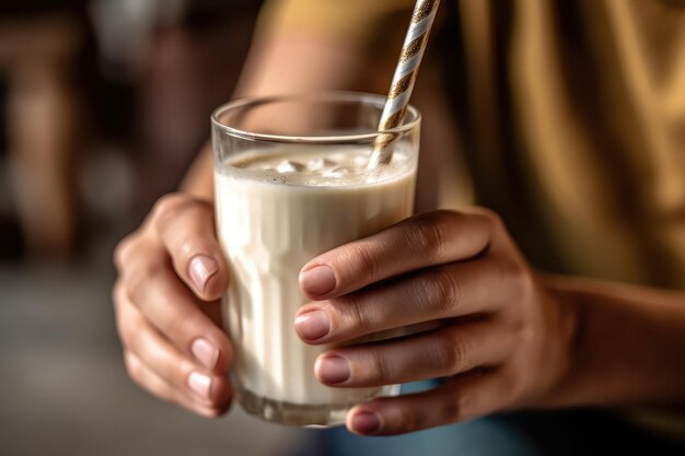 Main tenant un verre de lait de chanvre avec de la paille IA générative