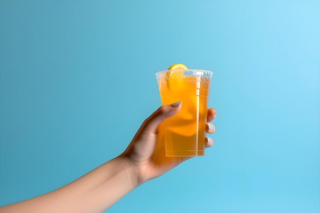 Une main tenant un verre de thé avec une tranche de citron dessus