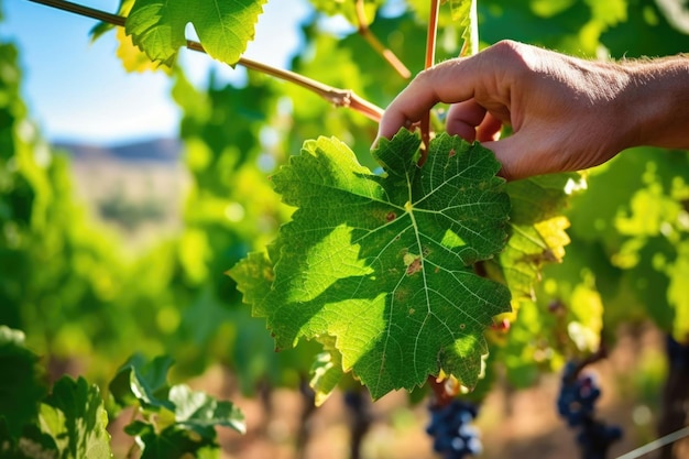 Une main tenant un verre de vin, l'autre cherchant une feuille de vigne