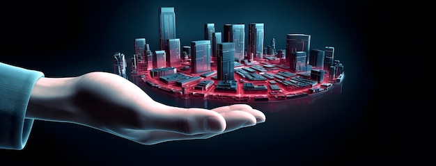 Une main tenant une ville flottant dans les airs AI générative