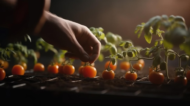 Une main tend la main vers un plant de tomate dans une pièce sombre.