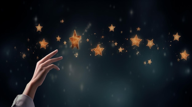 Une main tendue vers une étoile qui a des étoiles dessus.