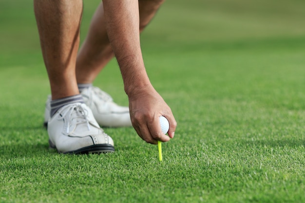 Main tenir la balle de golf avec tee sur le parcours