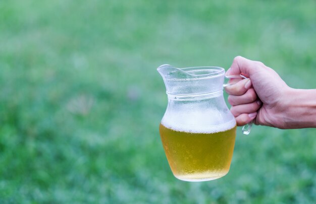 Main tenir un bocal en verre de bière à boire