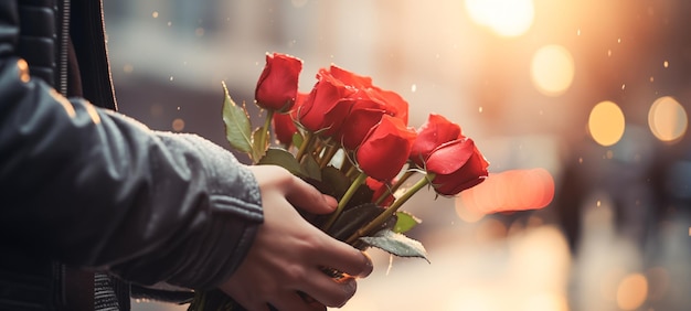 Photo la main tenir un bouquet de roses à donner à quelqu'un dans un temps spatial valentine