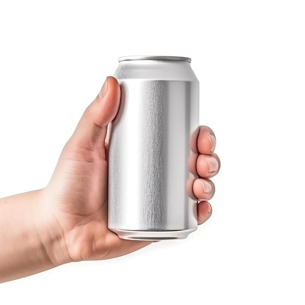 La main tient une boisson en aluminium humide peut isolé sur fond blanc