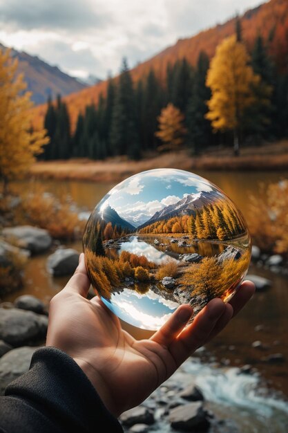 Une main tient une boule de cristal contenant une image réfléchie verticalement du paysage d'arrière-plan.