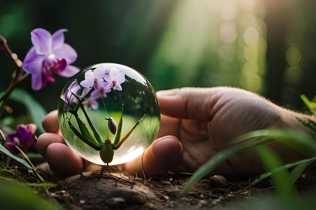 une main tient une boule de verre avec le soleil qui brille à travers elle.