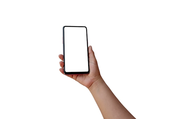 La main tient l'écran blanc le téléphone portable est isolé sur un fond blanc
