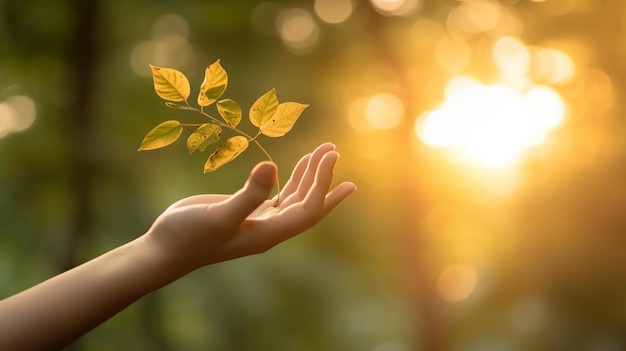 Une main tient une feuille au soleil