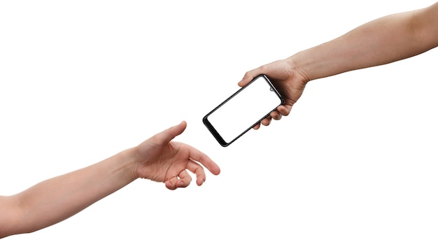 Une main tient un smartphone, l'autre le prend