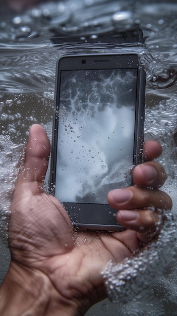 Une main tient le smartphone d'un homme sous l'eau