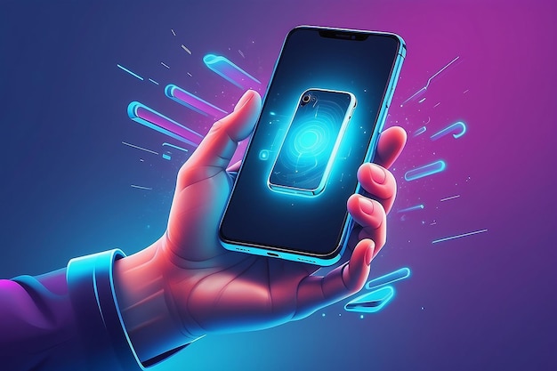 La main tient un téléphone portable en lévitation Illustration vectorielle en tons bleus néon Modèle de bannière horizontale