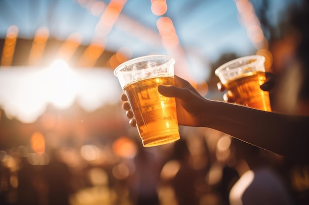 La main tient un verre de bière avec un fond de café de rue Des amis boivent de l'alcool lors d'une fête en plein air en automne Les gens trinquent avec de la bière