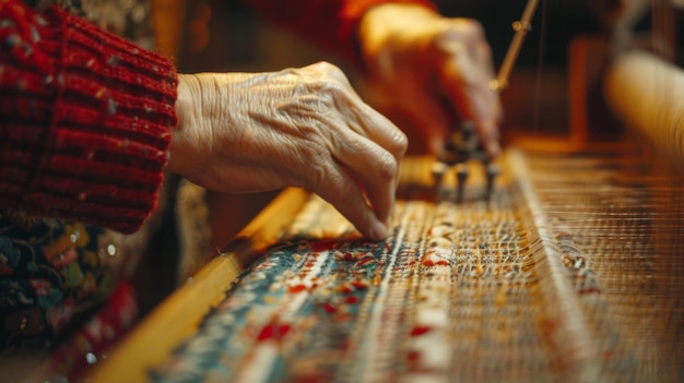 Une main de tisserand travaillant sur un métier à tisser créant un textile traditionnel mais au lieu d'utiliser un
