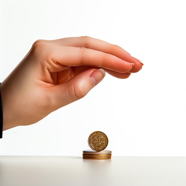 Main touchant une pièce de 10 pence sur fond blanc