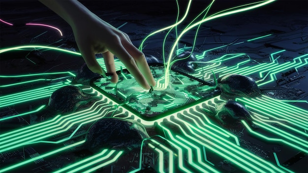 Photo une main touche une carte de circuit imprimé avec une lumière led verte