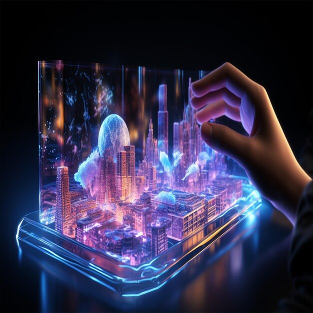 une main touche une tablette en verre avec une ville en arrière-plan