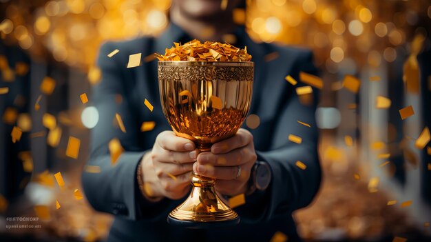 La main triomphale d'un homme d'affaires tenant un trophée d'or symbolisant les réalisations d'entreprise.