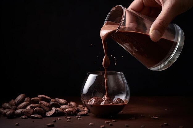 Une main versant du chocolat dans un verre.