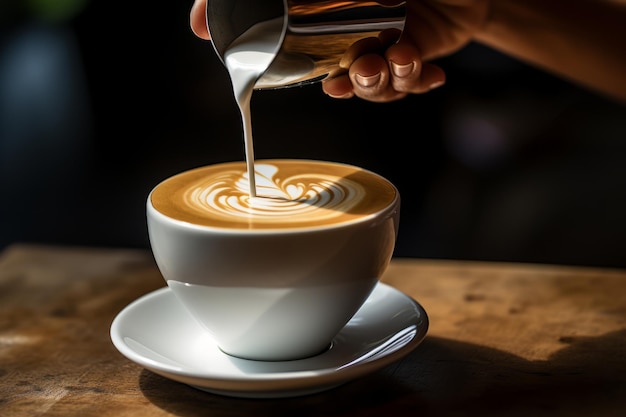 Main versant du latte dans une tasse de café Belle image d'illustration AI générative