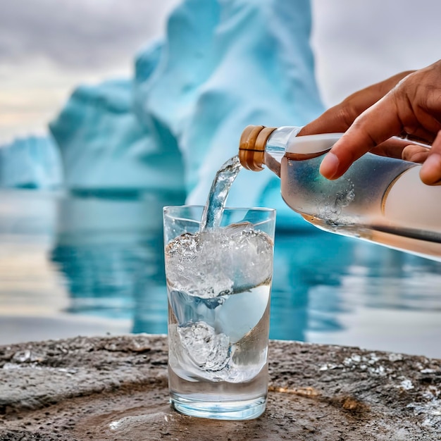 Photo main versant de l'eau minérale de la bouteille dans un verre avec des gouttes d'eau dans le fond de l'iceberg concept d'hydratation de santé et de beauté