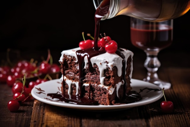 Photo la main versant de la liqueur de kirsch sur un gâteau de forêt noire