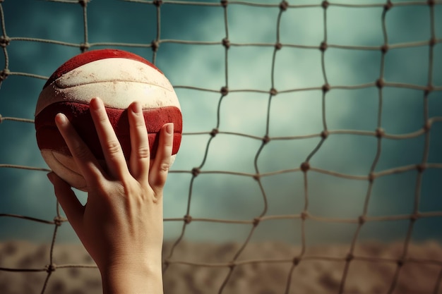 Photo main avec volley-ball sur le filet action de blocage du joueur de volley-ball générer ai