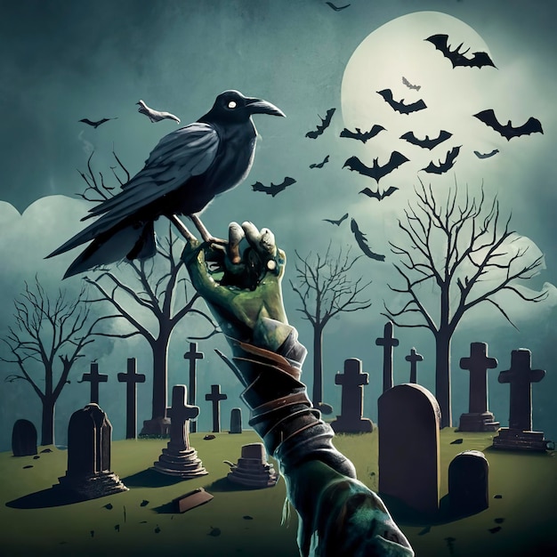 Main de zombie et corbeau effrayant au cimetière d'Halloween