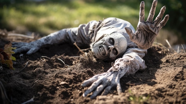 Photo une main de zombie effrayante émerge du sol ajoutant une touche effrayante au décor d'halloween