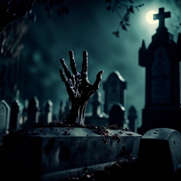 Une main de zombie sortant d'un cimetière dans une nuit effrayante d'Halloween