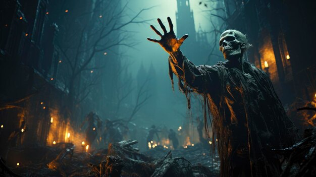 Une main de zombie sortant d'un cimetière dans une nuit effrayante