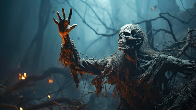 Une main de zombie sortant d'un cimetière dans une nuit effrayante