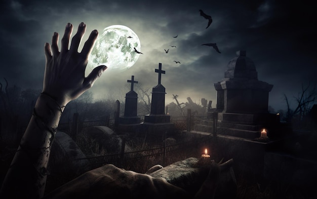 Main de zombie sortant d'un cimetière dans Spooky Night AI Generative AI